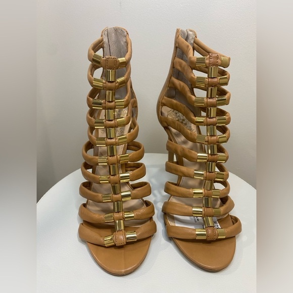 Vince Camuto Troy Gladiator Heels 6.5 Tan Leather Strappy Gold Accents Sandals - Picture 4 of 9
